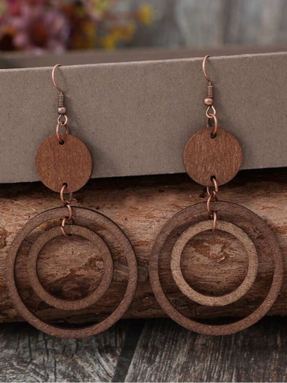 Brown Double Hoop Wood Drop Earrings - Picture 5 of 5